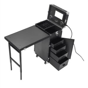 Mesa maleta plegable para manicura con ruedas y compartimentos