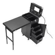 Mesa maleta plegable para manicura con ruedas y compartimentos