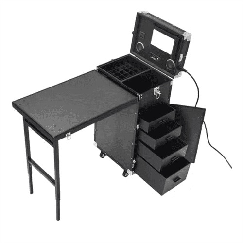 Mesa maleta plegable para manicura con ruedas y compartimentos