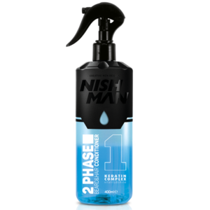 Acondicionador sin enjuague bifásico NishMan con keratina, hidrata, repara y protege el cabello.