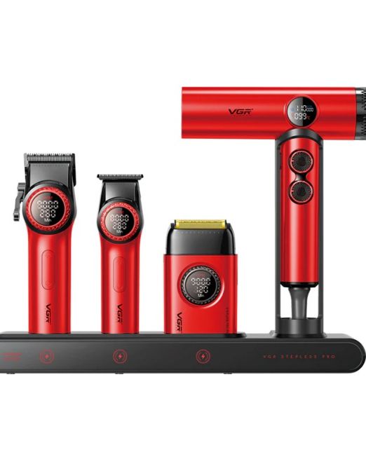 VGR Super Combo Stepless Pro 4 en 1, set profesional con clipper stepless, trimmer, shaver y blower.